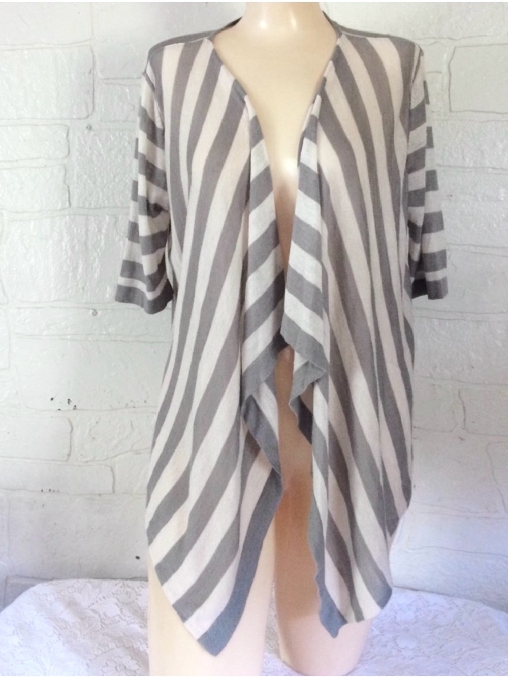 Ann Taylor Loft Waterfall Sweater Gray White Stripe Light